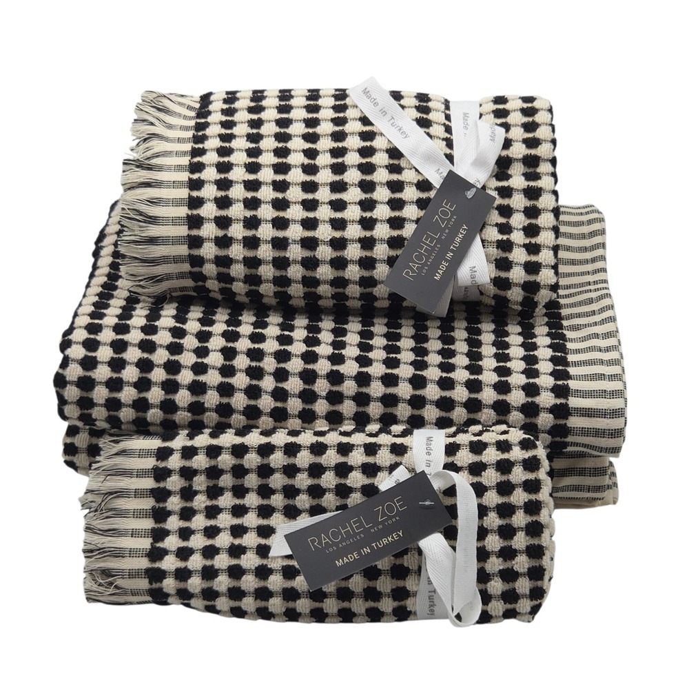 Rachel Zoe 6pc Turkish Cotton Towel Set Black Ecru Raised Dots 2Bath 2Hand 2tip - Picture 10 of 15